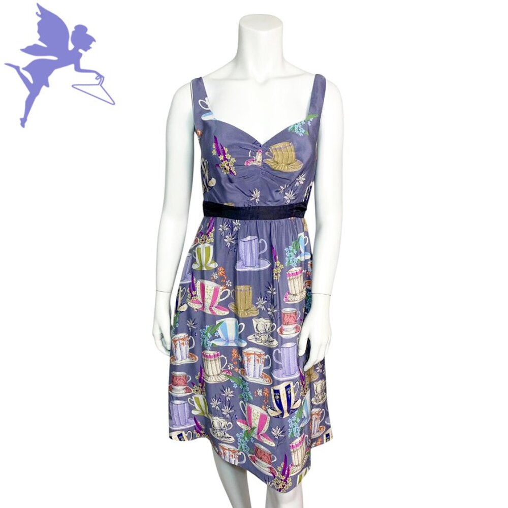 FLOREAT Whimsical Silk Sugar and Cream Teacup Print Dress
